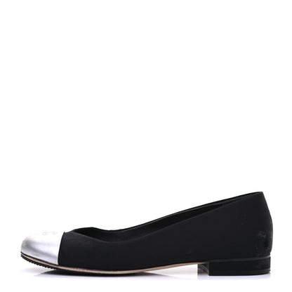 Chanel Grosgrain Metallic Lambskin Cap Toe CC Ballerina Flats 37.5 Black Silver 1 of 10