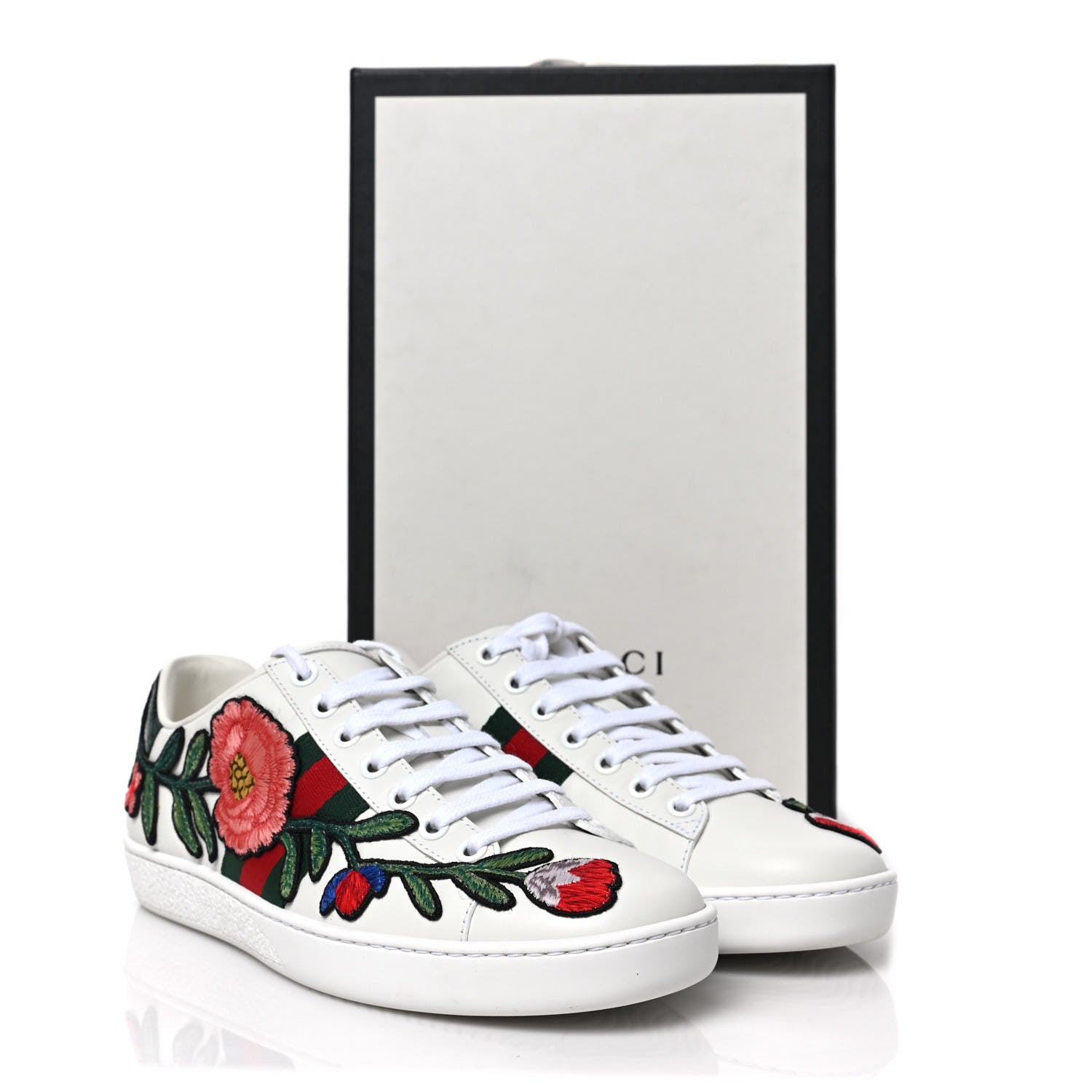 Gucci Calfskin Web Floral Embroidered Womens Ace Sneakers 36.5 White 10 of 10