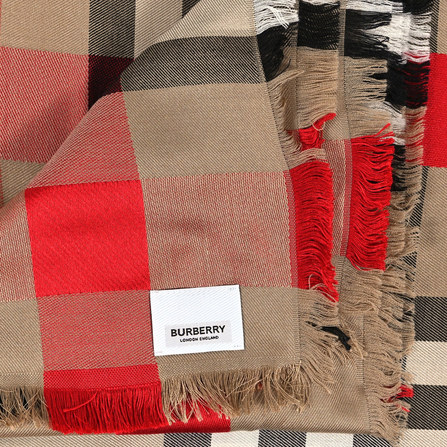 Wool Silk Giant Check Ribbon Scarf Archive Beige