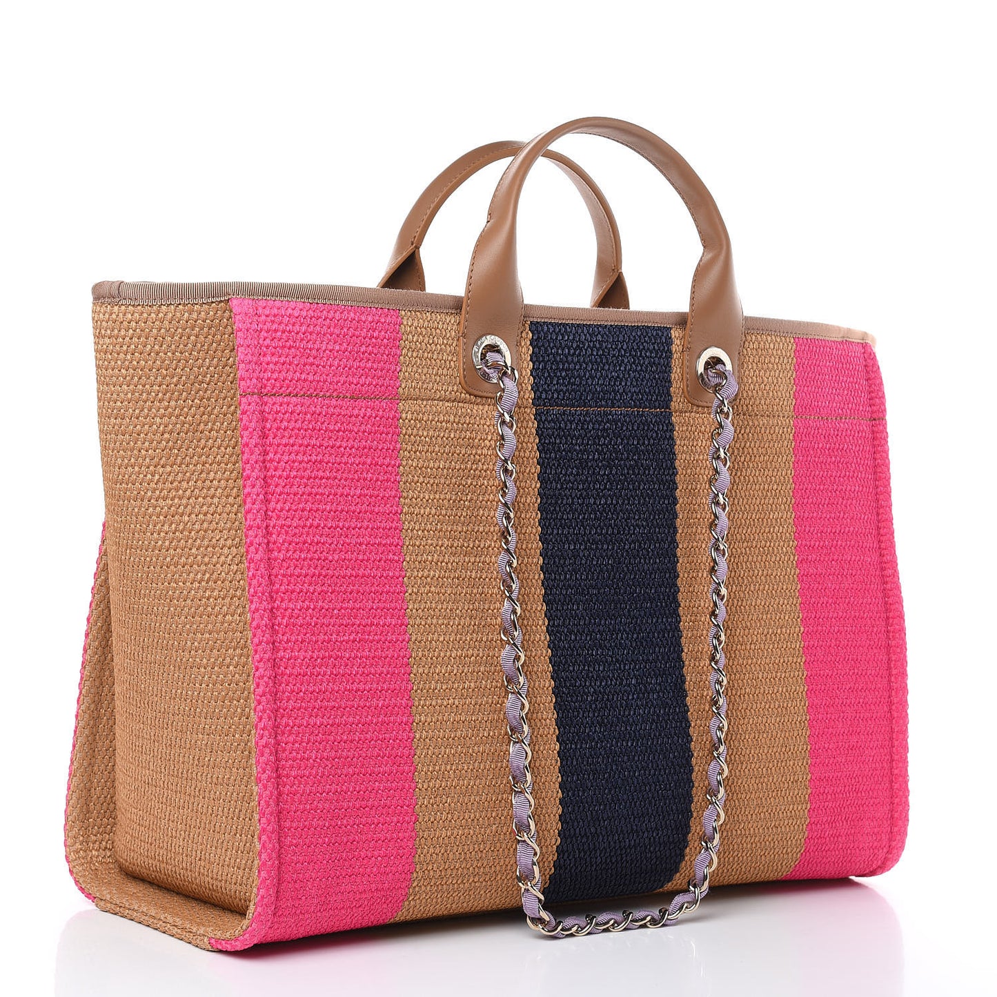 Straw Raffia Calfskin Striped Large Deauville Tote Dark Beige Fuchsia Navy Blue