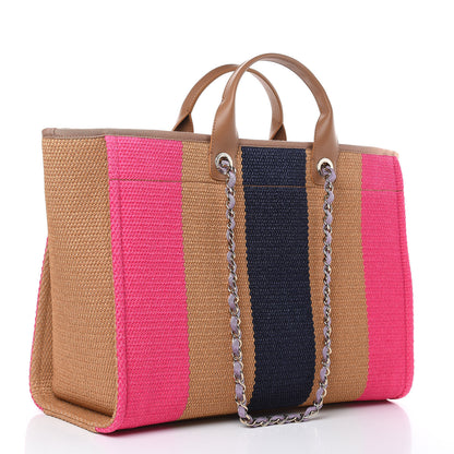 Chanel Straw Raffia Calfskin Striped Large Deauville Tote Dark Beige Fuchsia Navy Blue 3 of 9