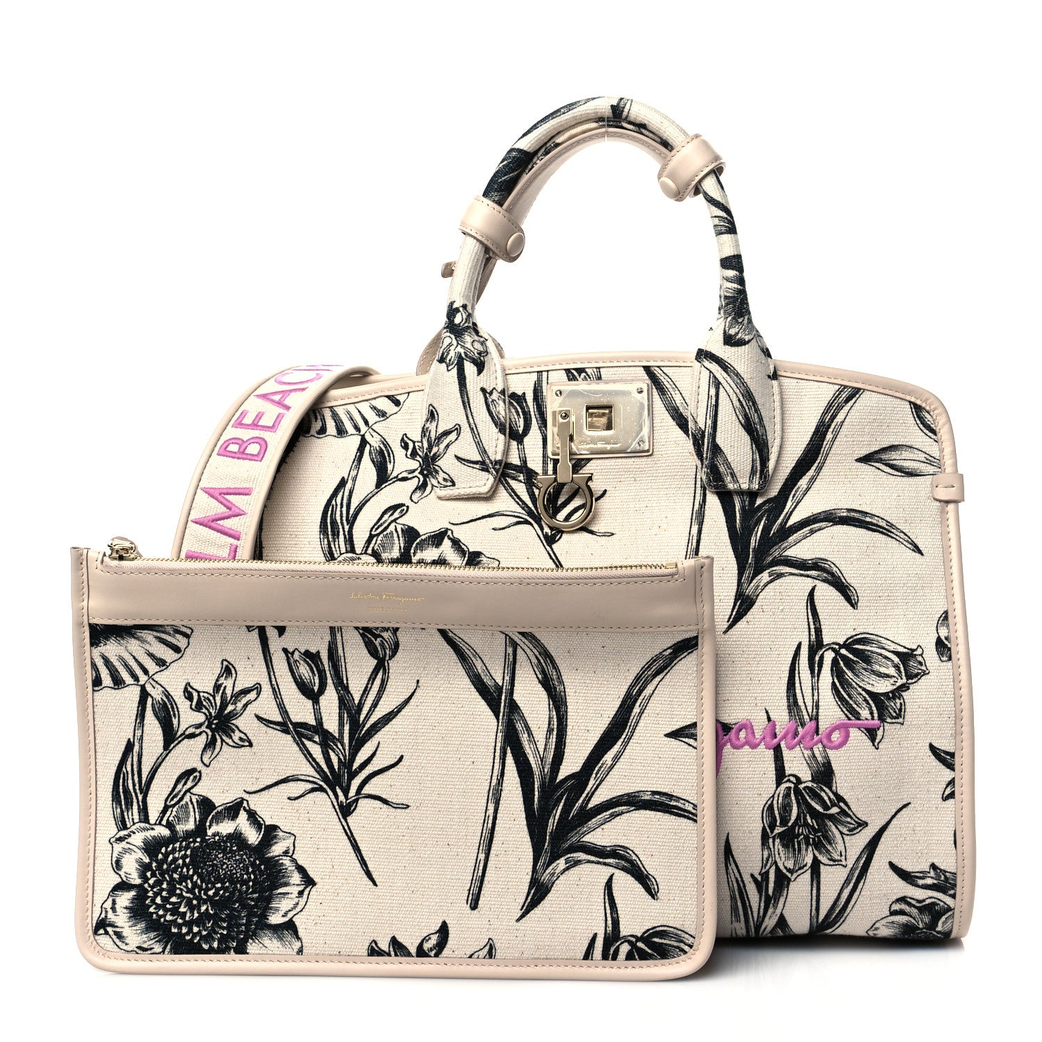 Salvatore Ferragamo Canvas Floral Palm Beach The Studio Bag White 1 of 9