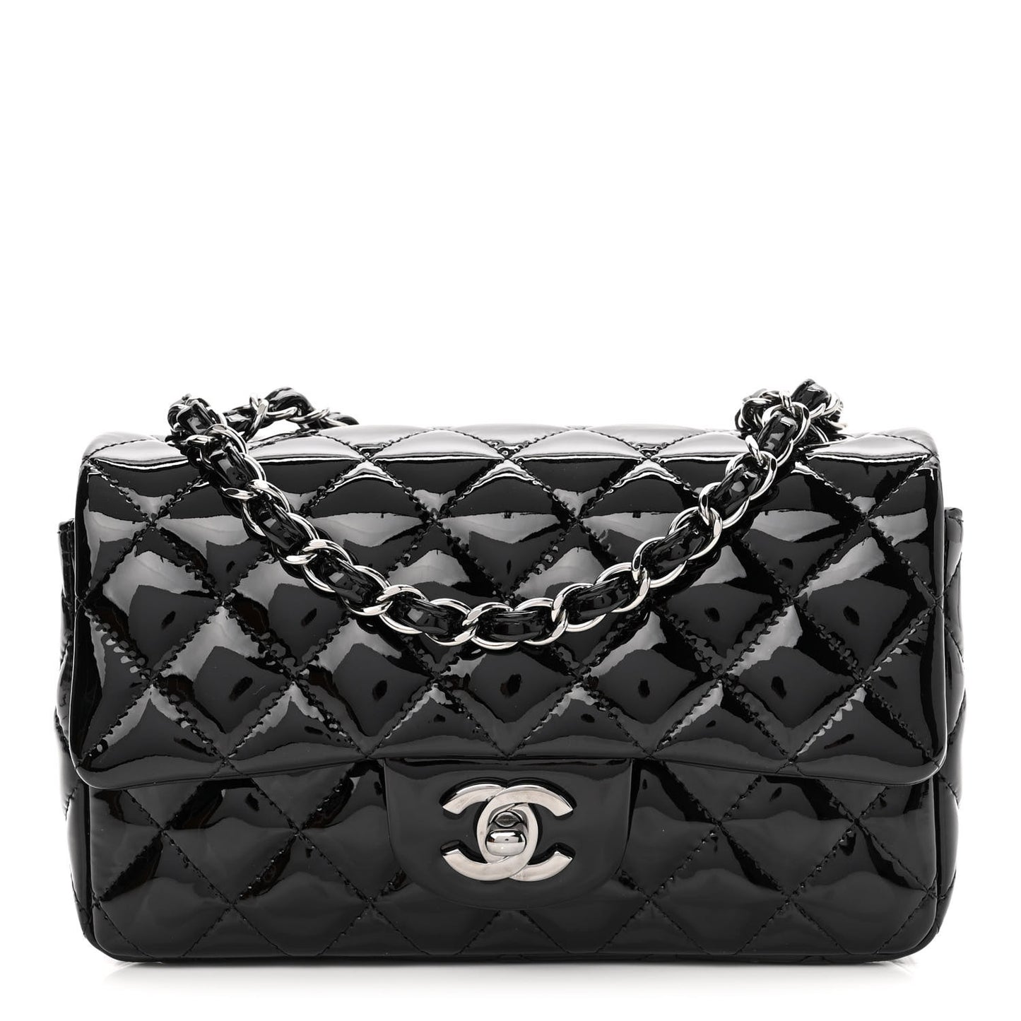 Patent Calfskin Quilted Mini Rectangular Flap Black