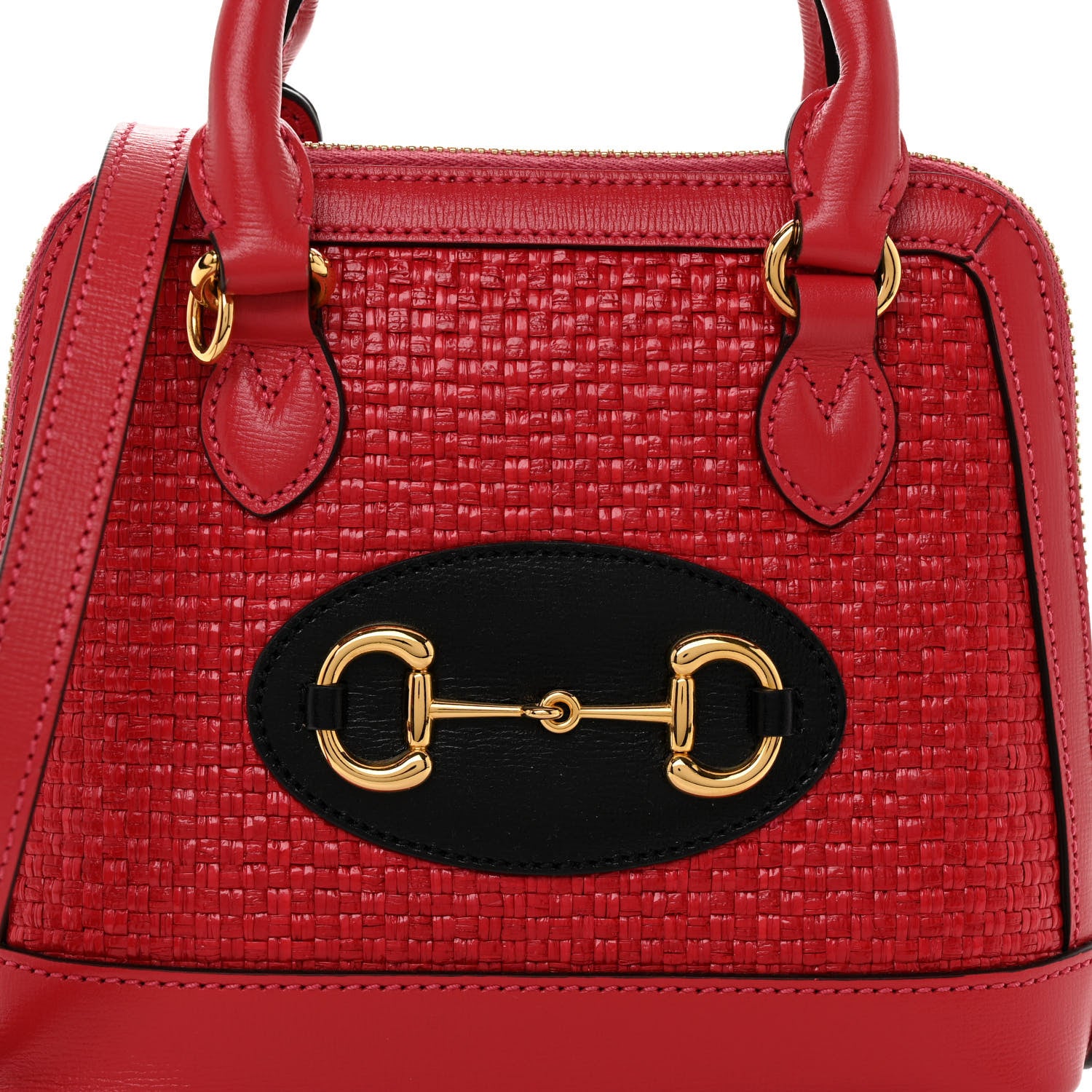 Gucci Straw Azalea Calfskin Woven Mini Horsebit 1955 Top Handle Bag Coral Wave Black 7 of 9