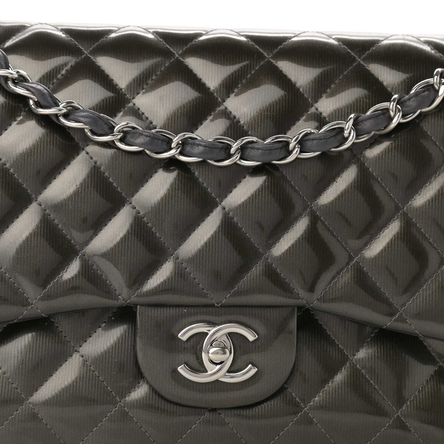 Striated Patent Quilted Jumbo Double Flap Black