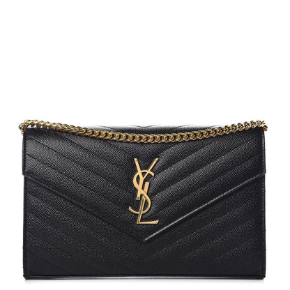 Saint Laurent Grain De Poudre Matelasse Chevron Monogram Chain Wallet Black 1 of 7