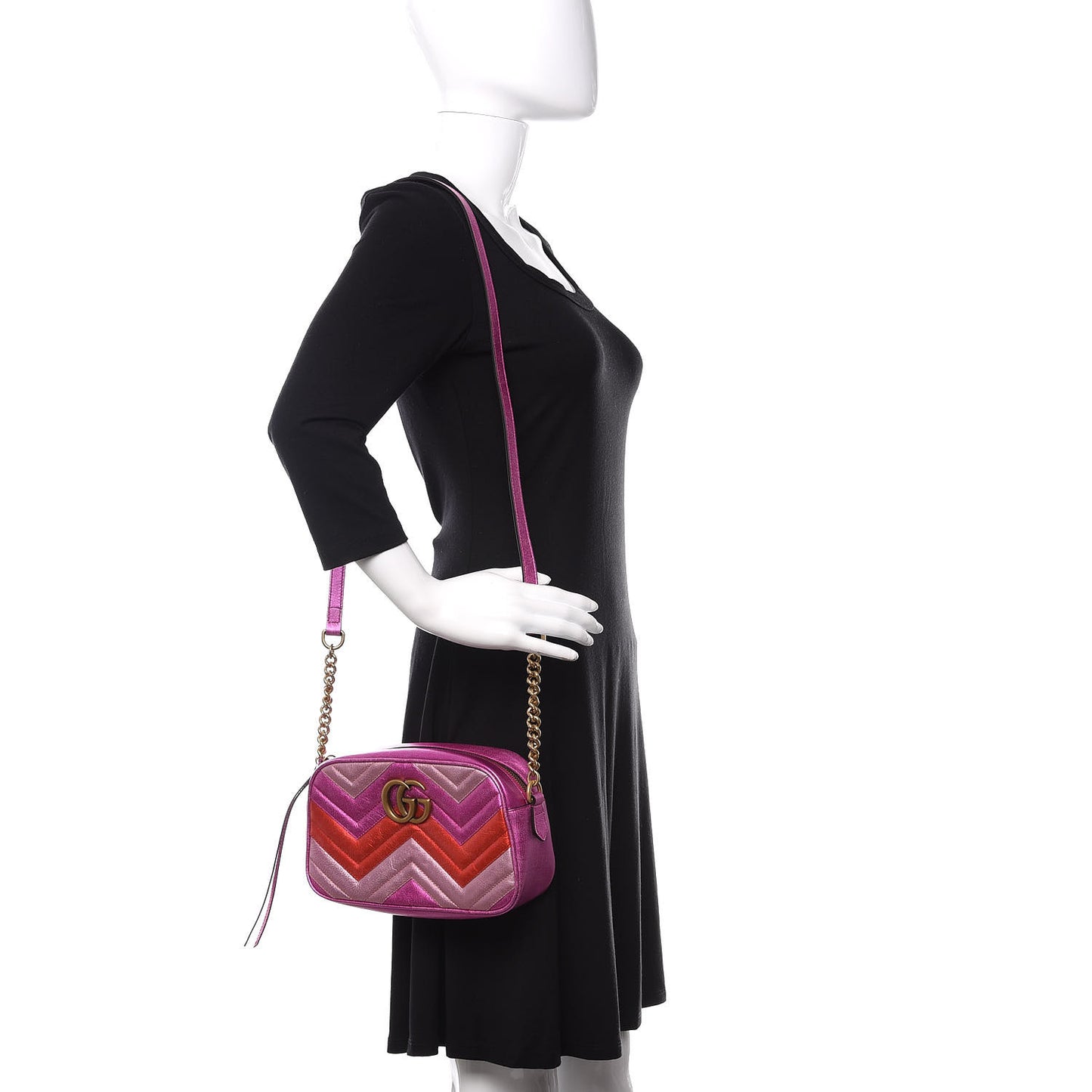 Laminated Nappa Matelasse Small GG Marmont Chain Shoulder Bag Fuxia Rosso Rosa