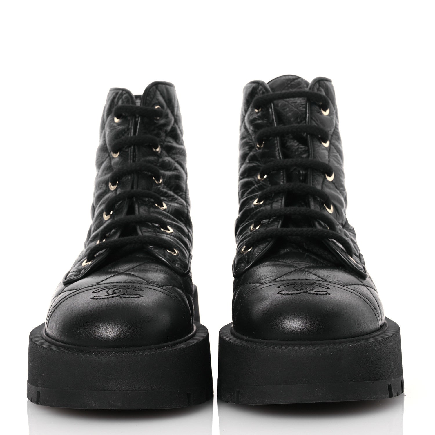 Chanel Crumpled Lambskin Quilted Platform Lace Up Combat Boots 38 Black 2 of 10