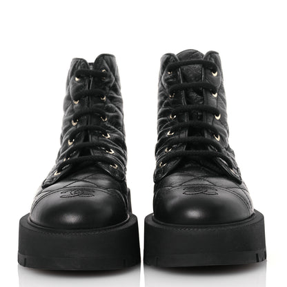 Chanel Crumpled Lambskin Quilted Platform Lace Up Combat Boots 38 Black 2 of 10