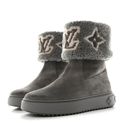 Louis Vuitton Suede Calfskin Shearling Snowdrop Flat Ankle Boot 37 Grey 3 of 9
