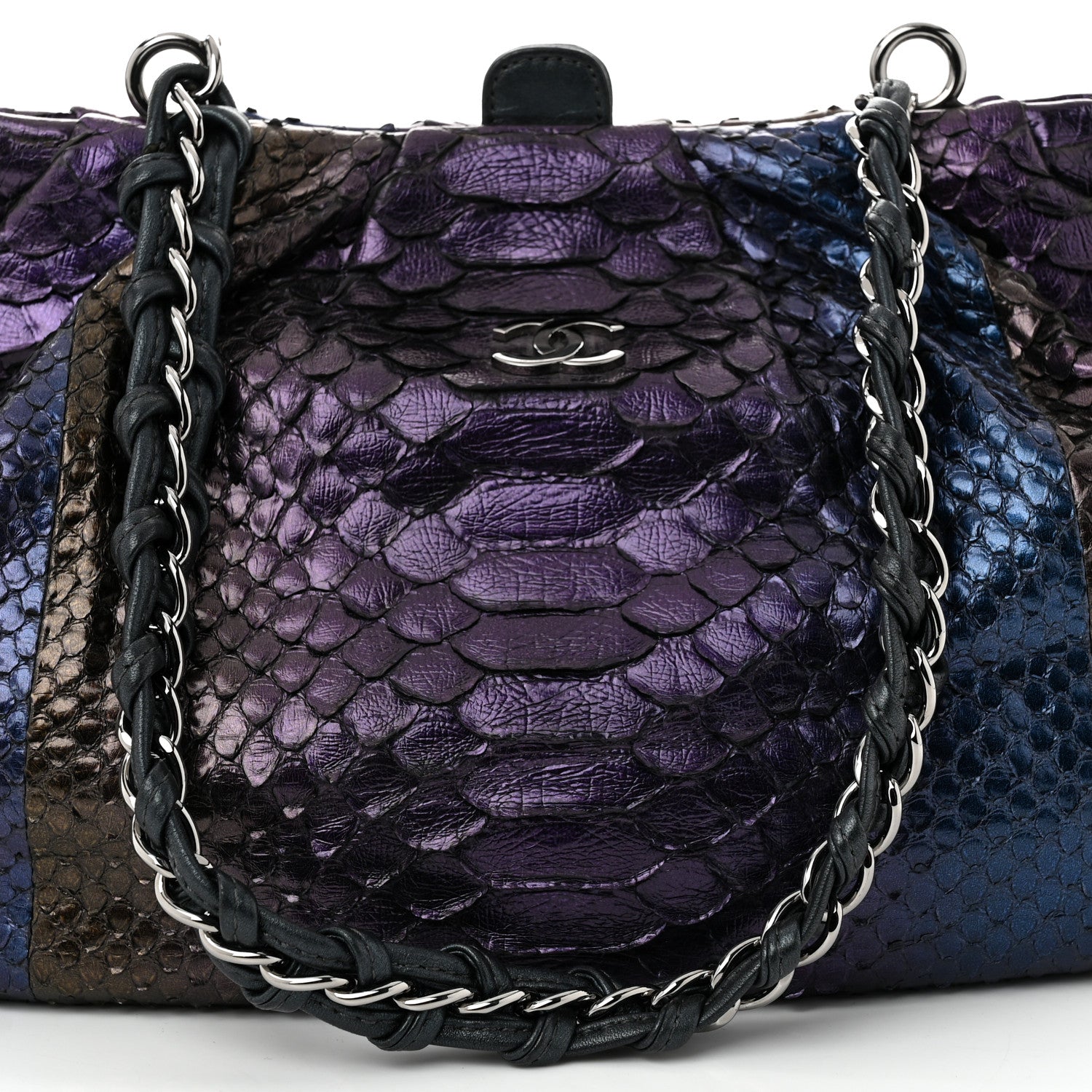 Chanel Metallic Snakeskin Kisslock Frame Chain Bag Purple Multicolor 8 of 10