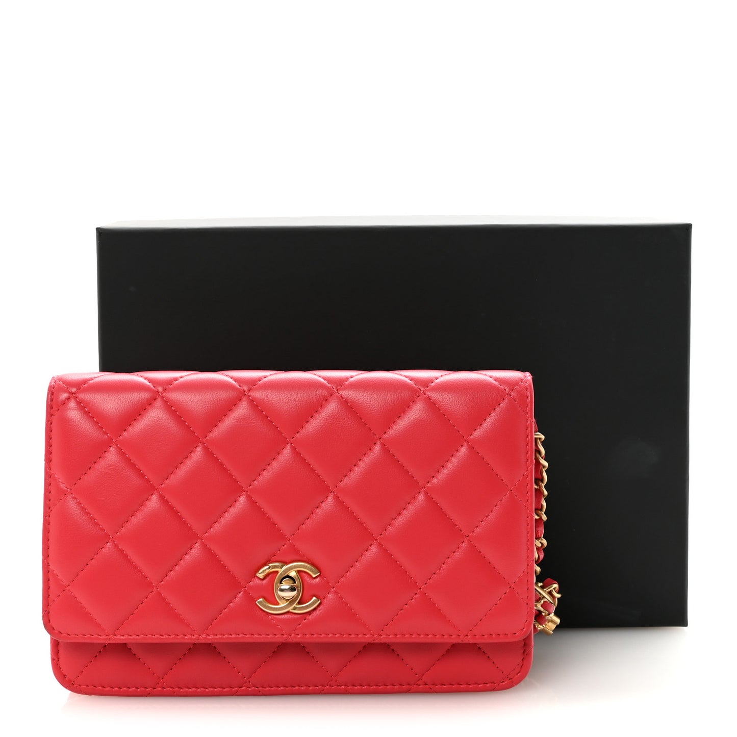 Lambskin Quilted CC Pearl Crush Wallet on Chain WOC Red