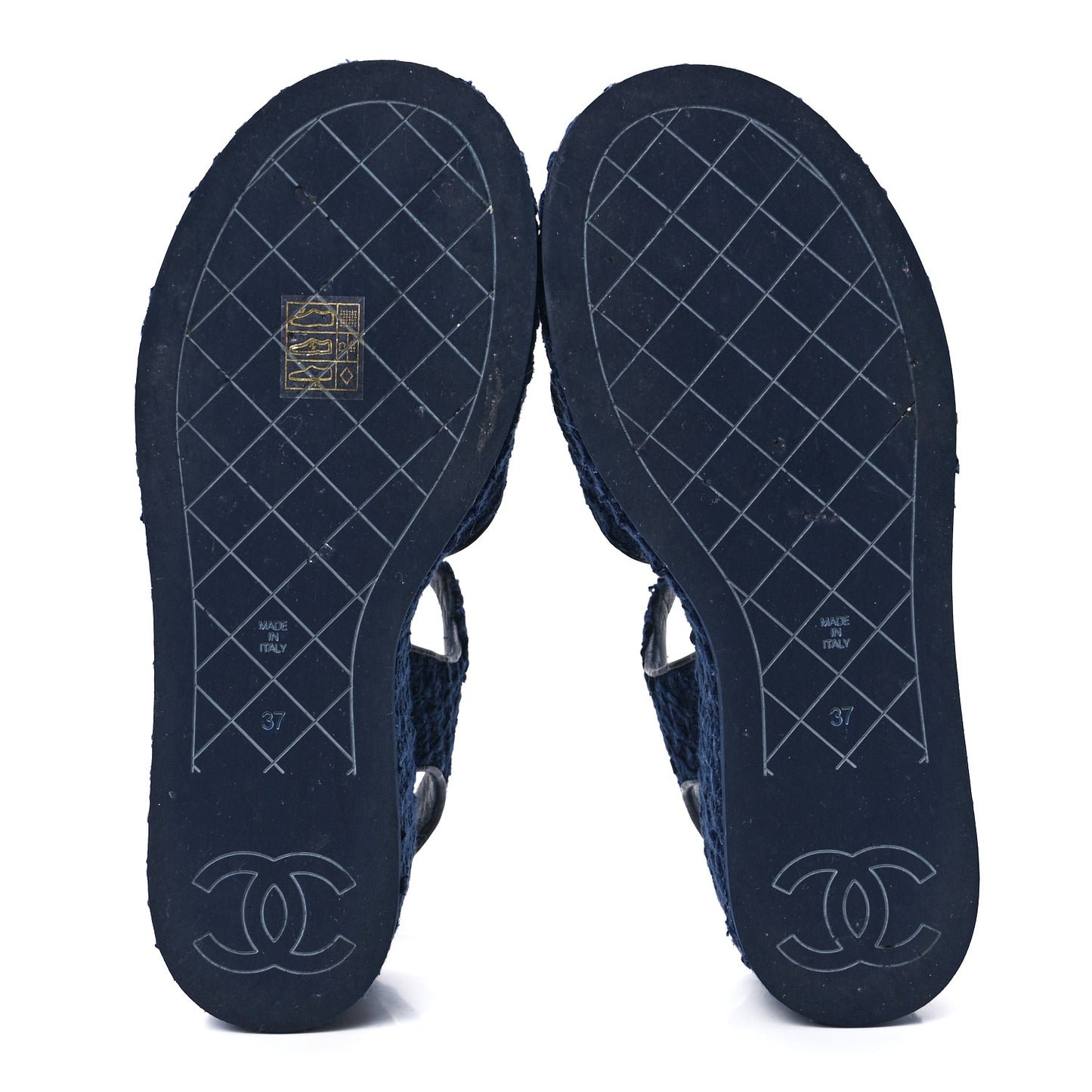 Silk Linen Tweed Quilted CC Platform Sandals 37 Navy Blue Gray