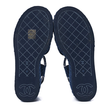 Chanel Silk Linen Tweed Quilted CC Platform Sandals 37 Navy Blue Gray 5 of 9