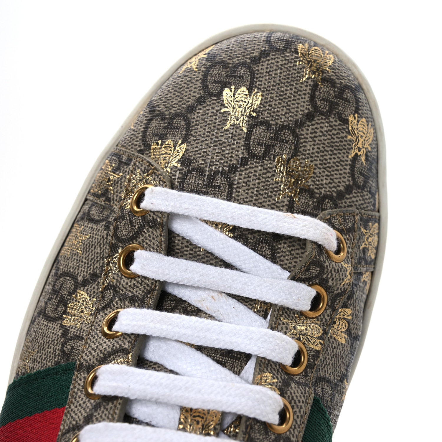 Gucci GG Supreme Monogram Bees Ayers Web Womens Ace Sneakers 39 Beige Oro Green Red 13 of 15