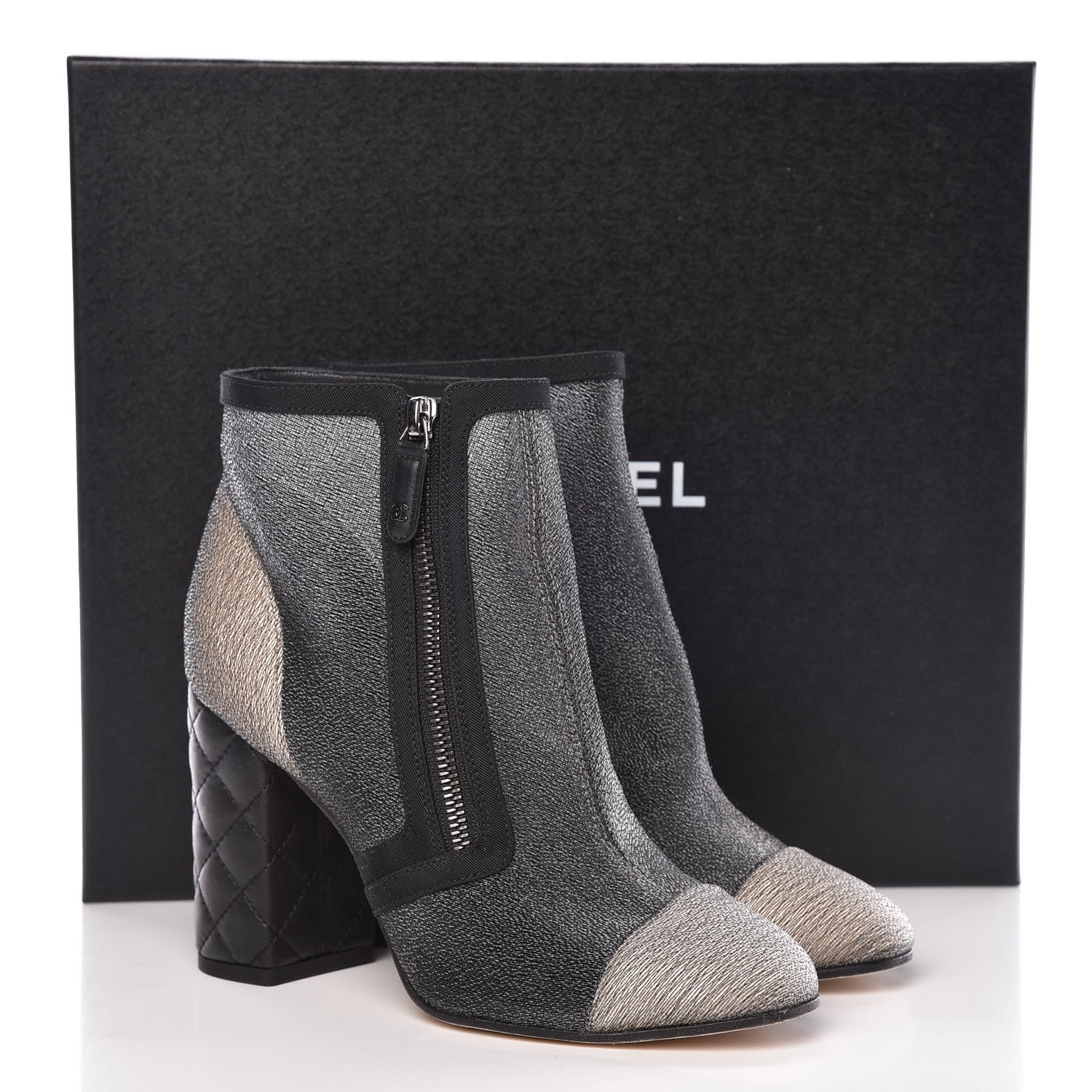 Chanel Mesh Grosgrain Cap Toe Short Boots 38.5 Grey Black 13 of 14