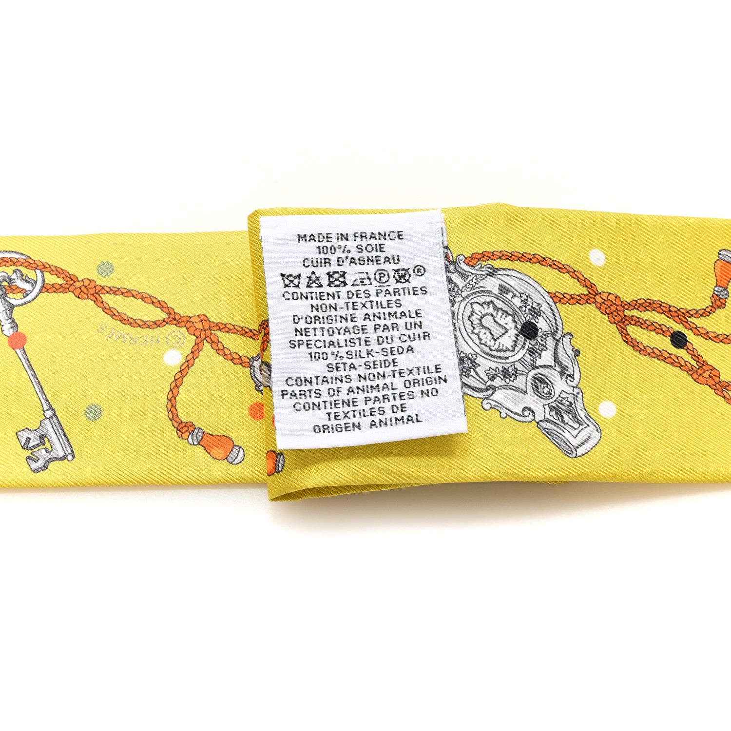 HERMES ツイリー HK-Hermes 100% Silk Yellow Hermes Silk Calfskin Les Cles A Pois Fringed Twilly Jaune Argent