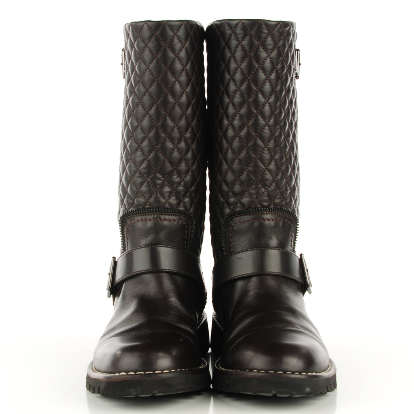 Calfskin Quilted Biker Boots 40 Dark Brown
