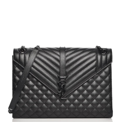 Saint Laurent Grain De Poudre Textured Mixed Matelasse Large Triquilt Monogram Monochrome Satchel Black 1 of 8