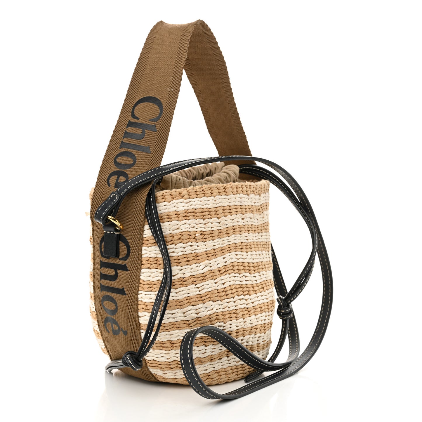 Raffia Calfskin Small Woody Striped Basket Bag Grove Brown