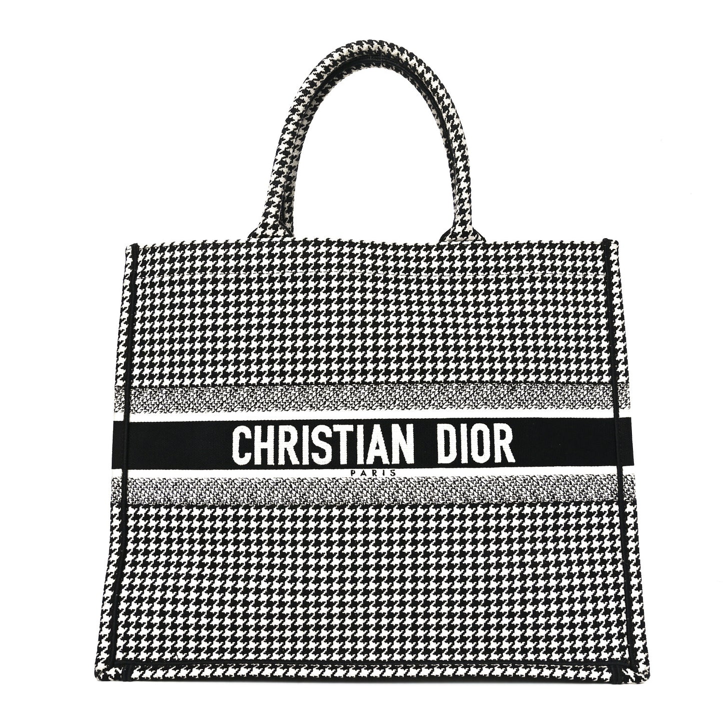 Canvas Houndstooth Embroidered Book Tote Black White
