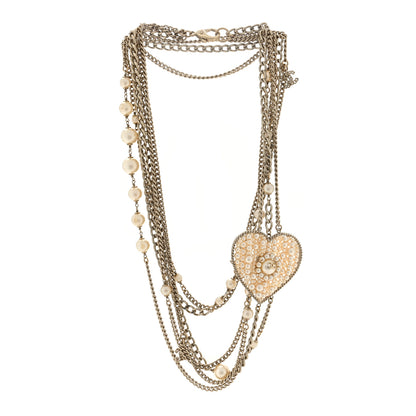 Chanel Pearl Crystal CC Heart Multi Strand Necklace Gold 3 of 5