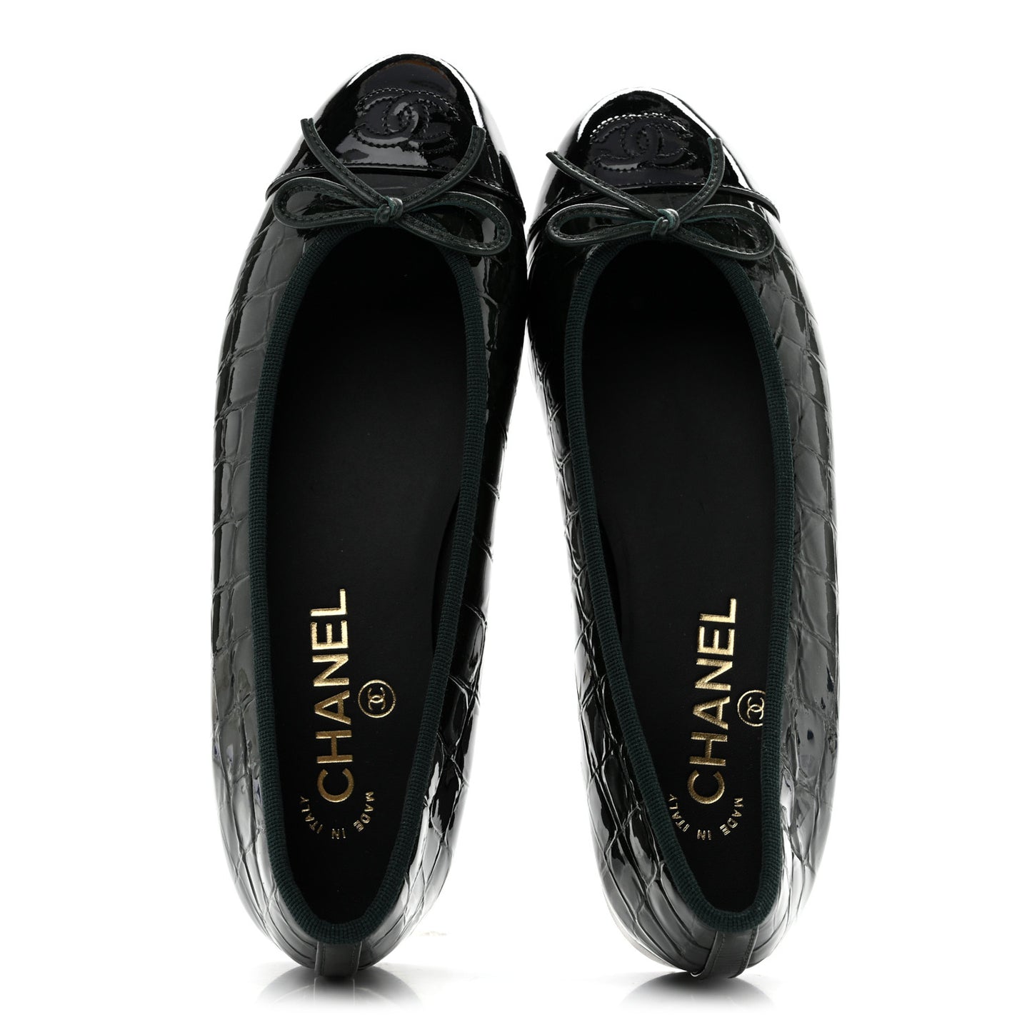 Patent Calfskin Crocodile Embossed Ballerina Flats 37 Dark Green Black