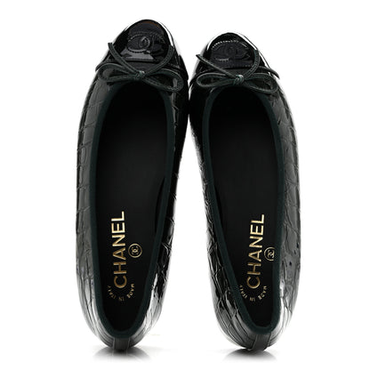Chanel Patent Calfskin Crocodile Embossed Ballerina Flats 37 Dark Green Black 2 of 10