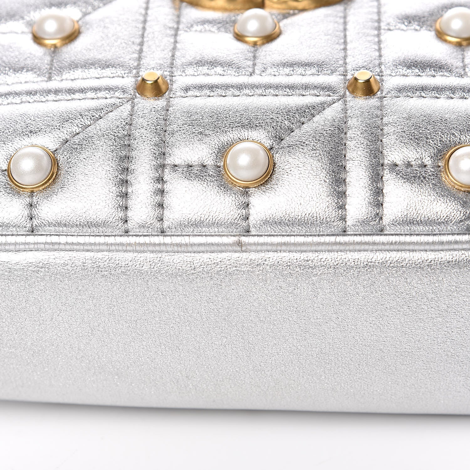 Gucci Metallic Calfskin Matelasse Studded Small Pearly GG Marmont Chain Shoulder Bag Silver 13 of 18