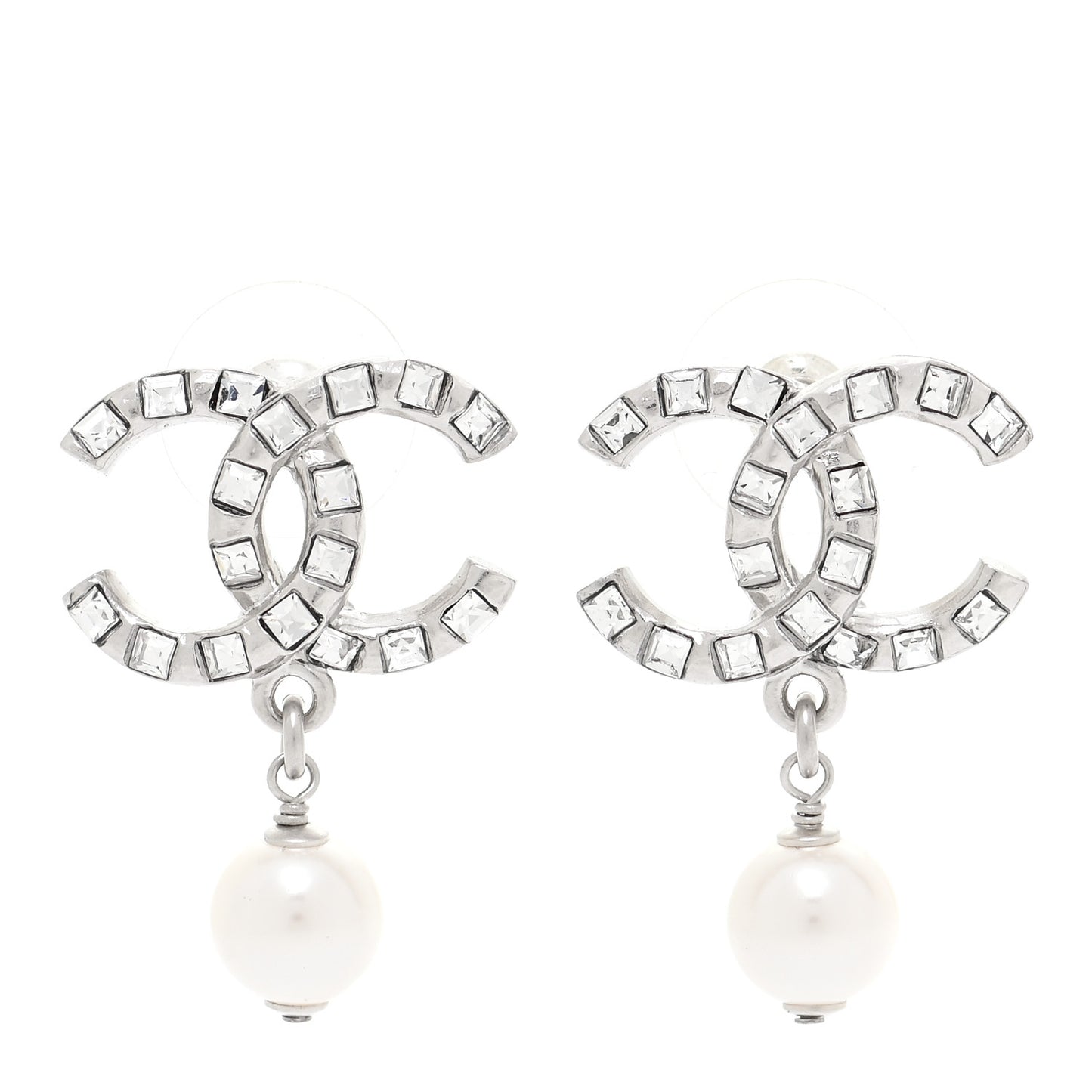 Crystal Baguette Pearl CC Drop Earrings Silver