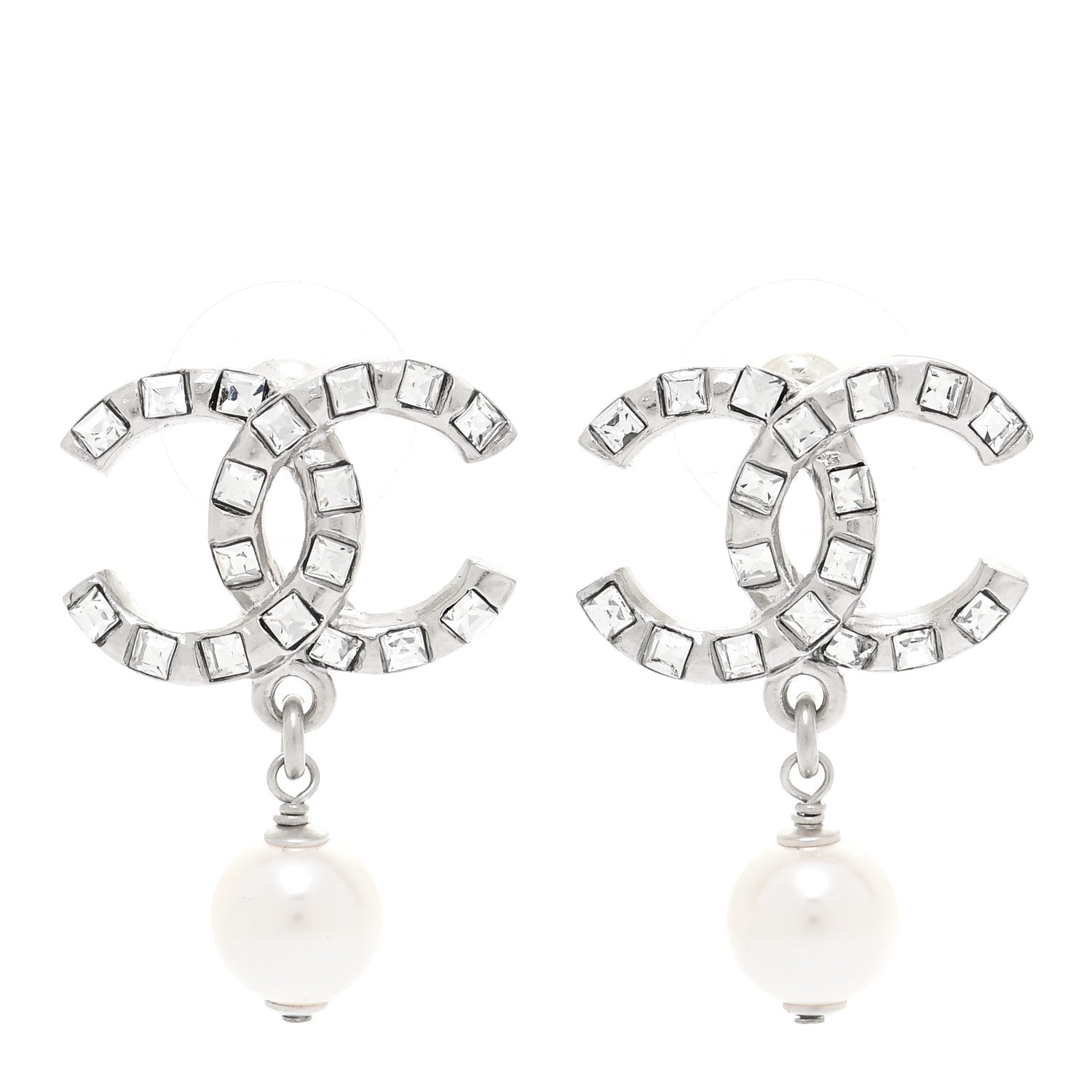 Chanel Crystal Baguette Pearl CC Drop Earrings Silver 1 of 5