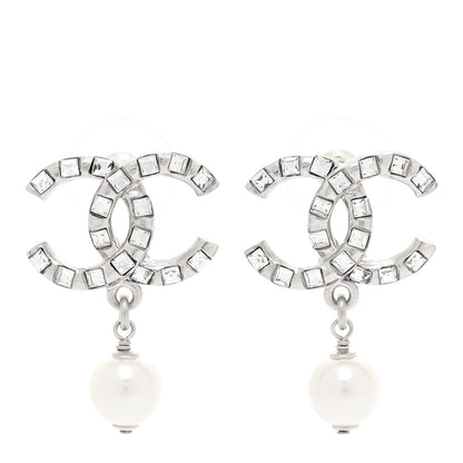 Chanel Crystal Baguette Pearl CC Drop Earrings Silver 1 of 5