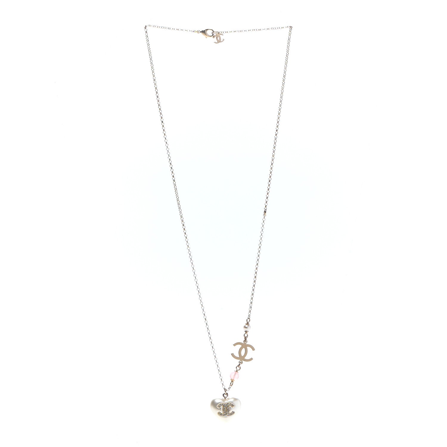 Chanel Resin Crystal CC Heart Necklace Pearly White Gold 3 of 5