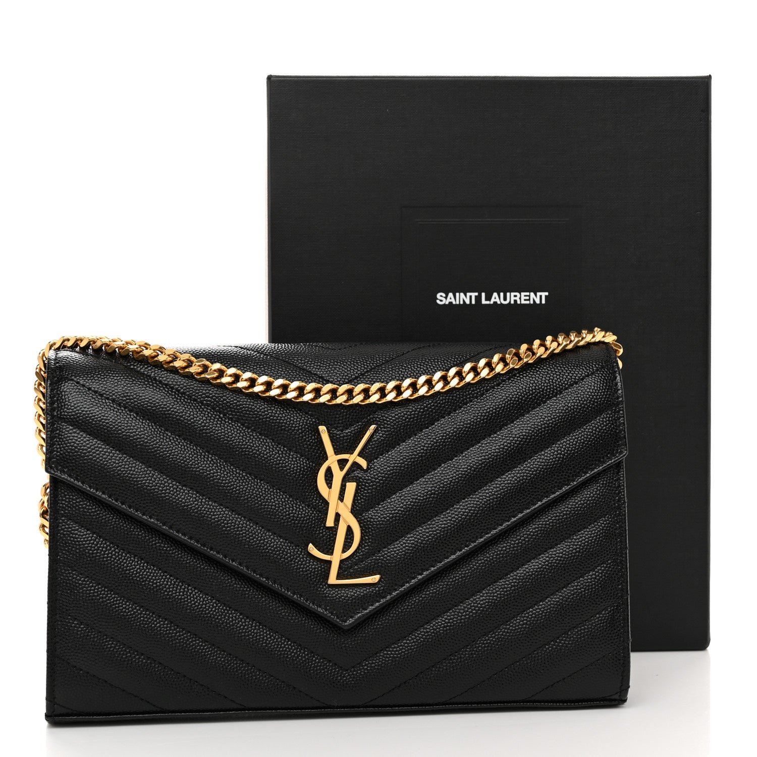Saint Laurent Grain De Poudre Matelasse Chevron Monogram Chain Wallet Black 11 of 11
