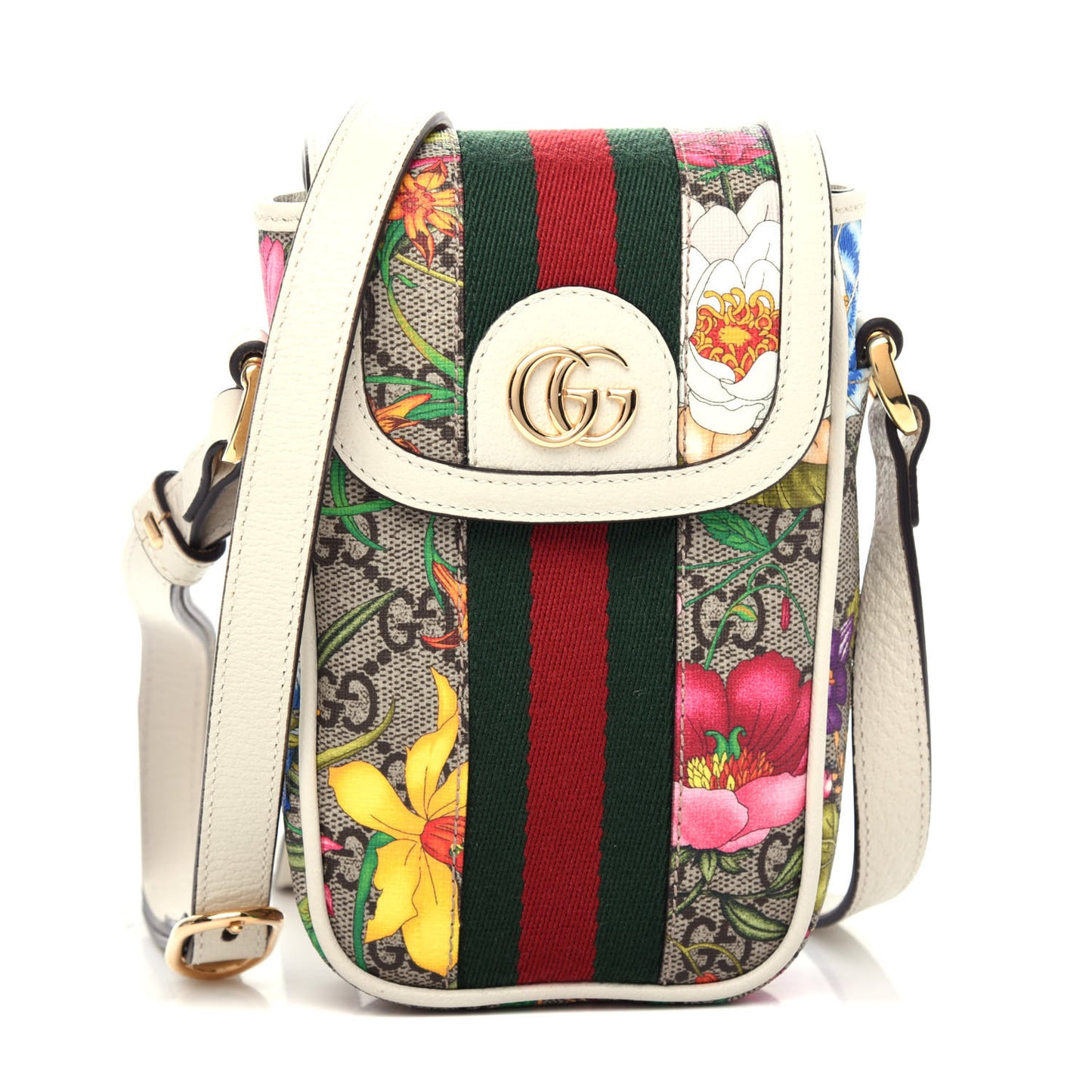 GG Supreme Monogram Flora Web Ophidia Phone Crossbody Bag White