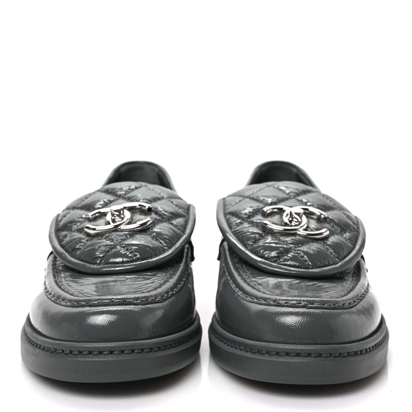 Crumpled Shiny Lambskin Quilted CC Turnlock Loafers 36.5 Dark Grey