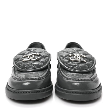 Chanel Crumpled Shiny Lambskin Quilted CC Turnlock Loafers 36.5 Dark Grey 2 of 9