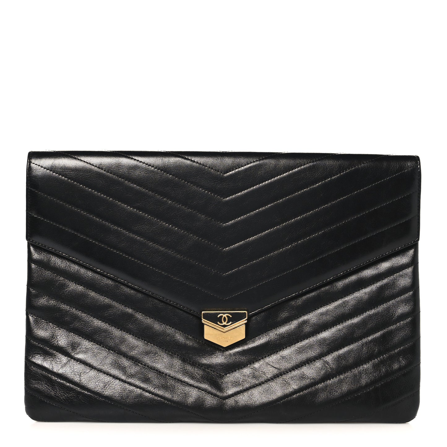 Calfskin Chevron Quilted Medal Flap Clutch Black