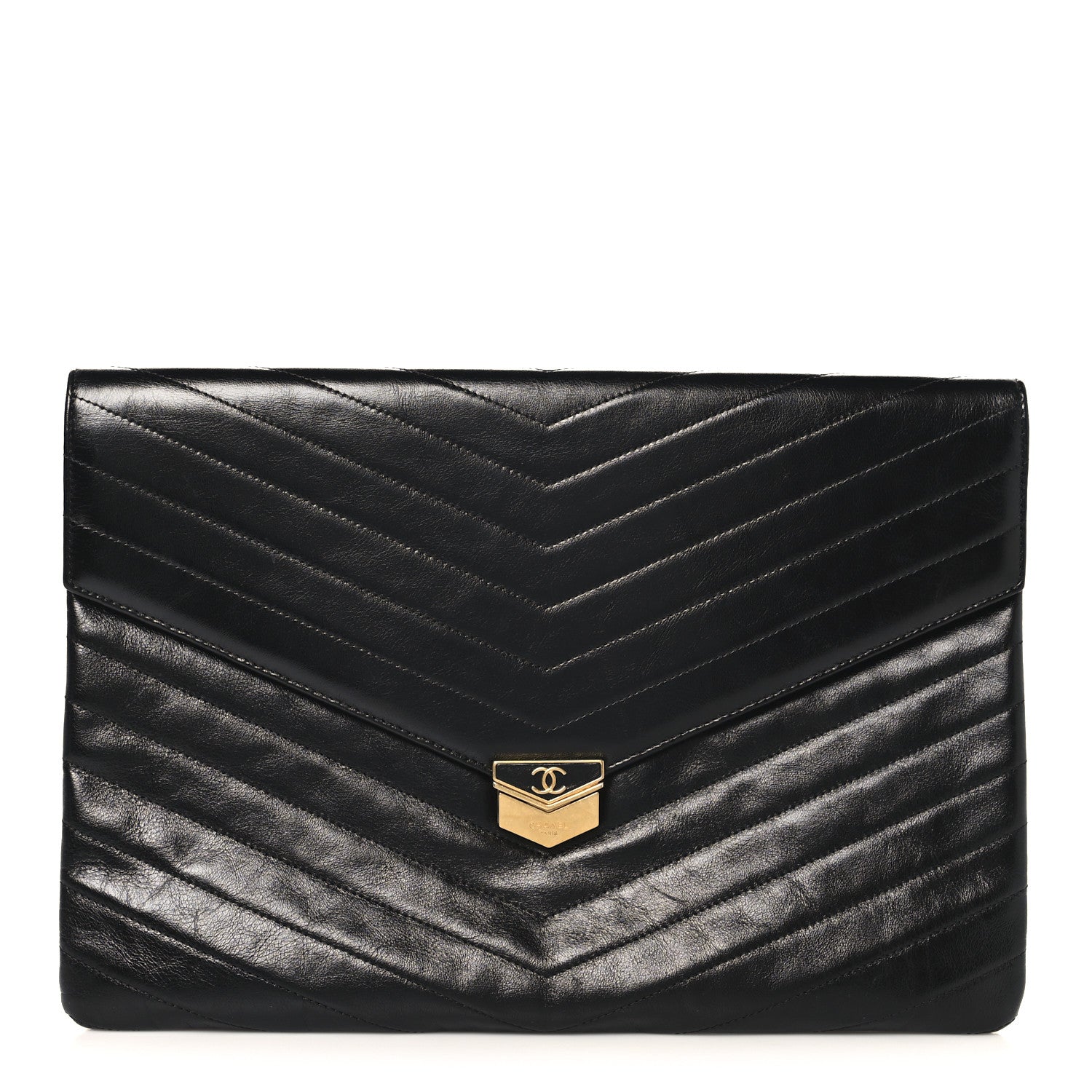 Chanel Calfskin Chevron Quilted Medal Flap Clutch Black 1 of 9
