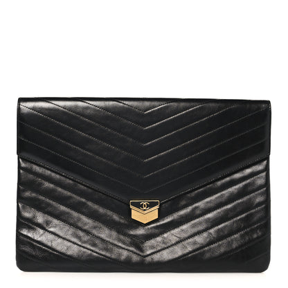Chanel Calfskin Chevron Quilted Medal Flap Clutch Black 1 of 9