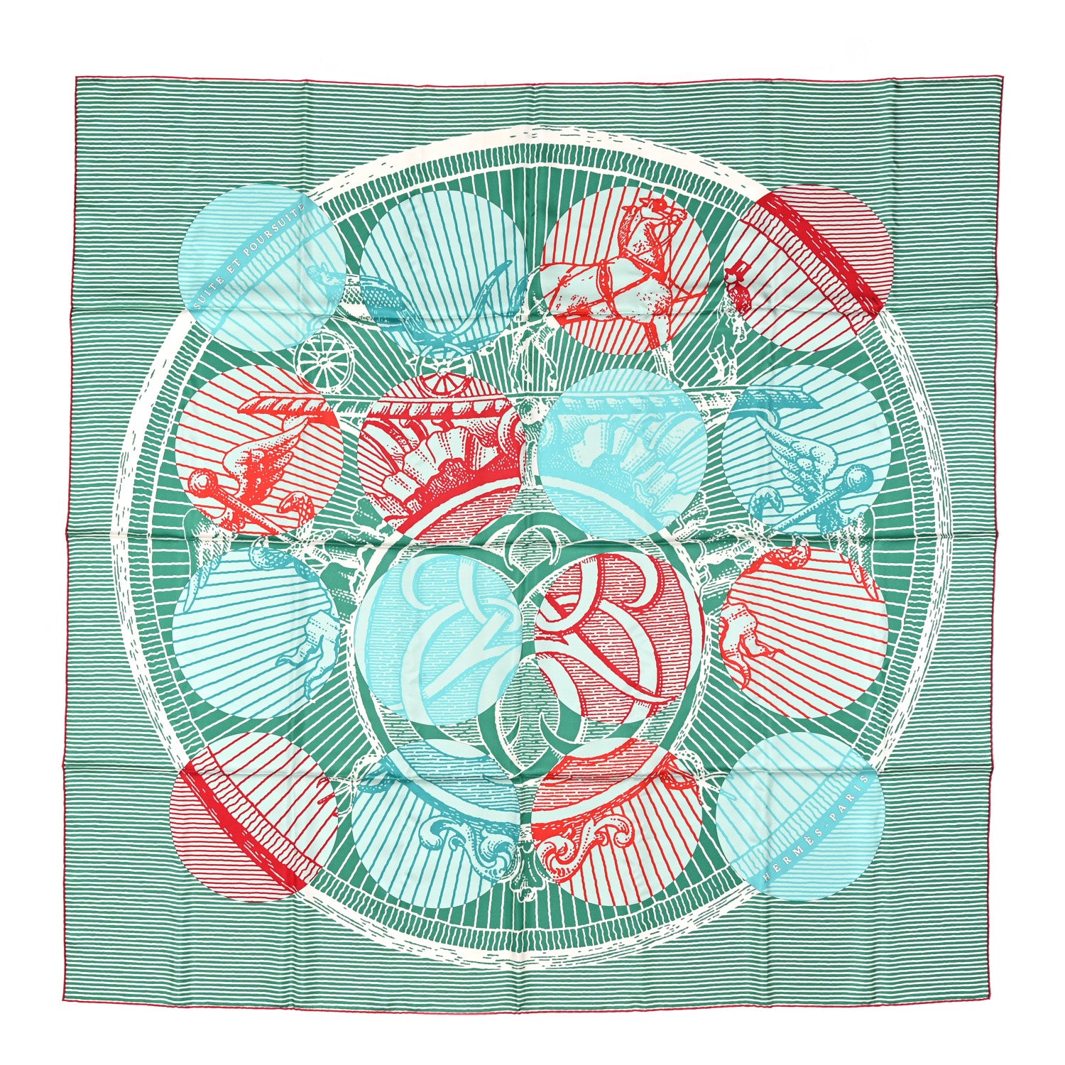 Hermes Silk Geant Suite Et Poursuite Scarf 140 Vert Rouge Turquoise 1 of 5