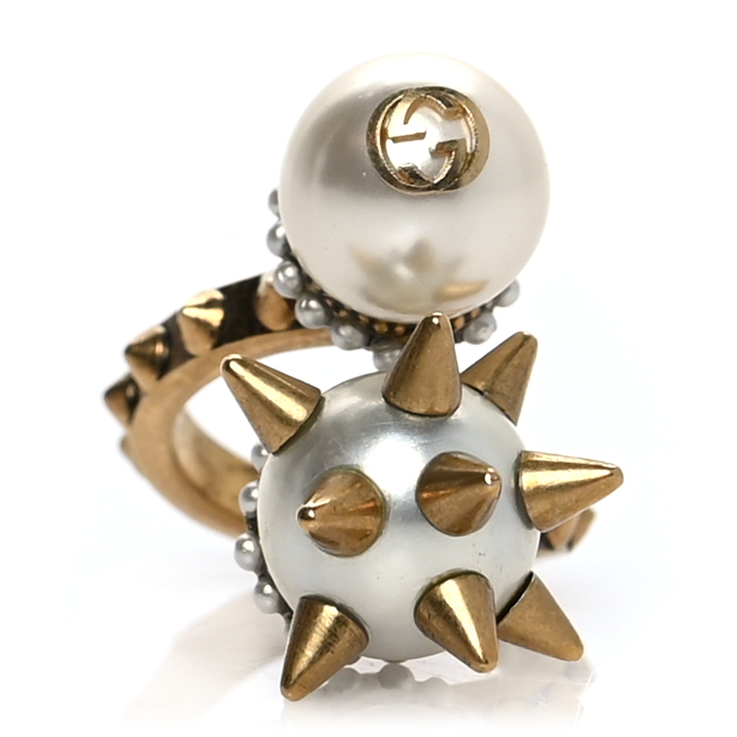 Gucci Metal Pearl Spike Studded Wrap Ring 7.75 Aged Gold 1 of 4
