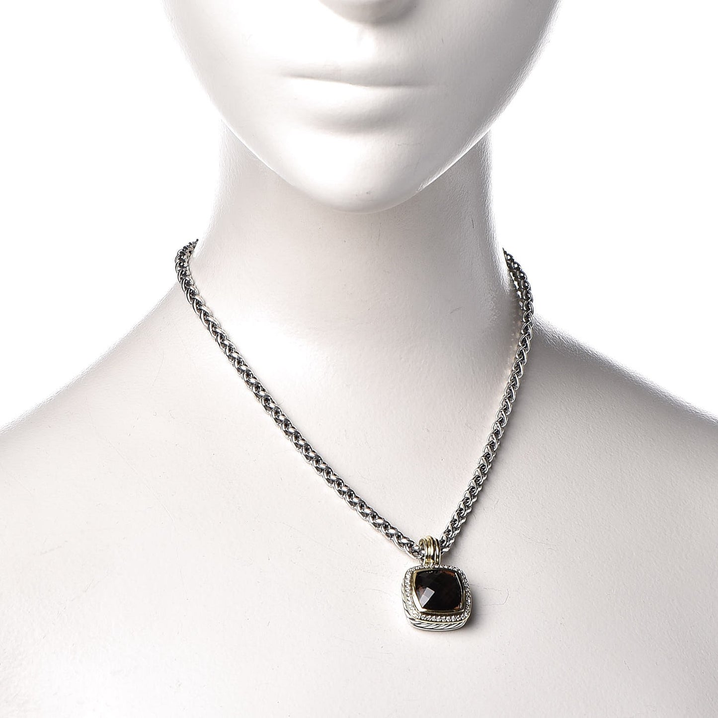 Sterling Silver 18K Yellow Gold Smoky Quartz Diamond 14mm Albion Enhancer Wheat Chain Necklace