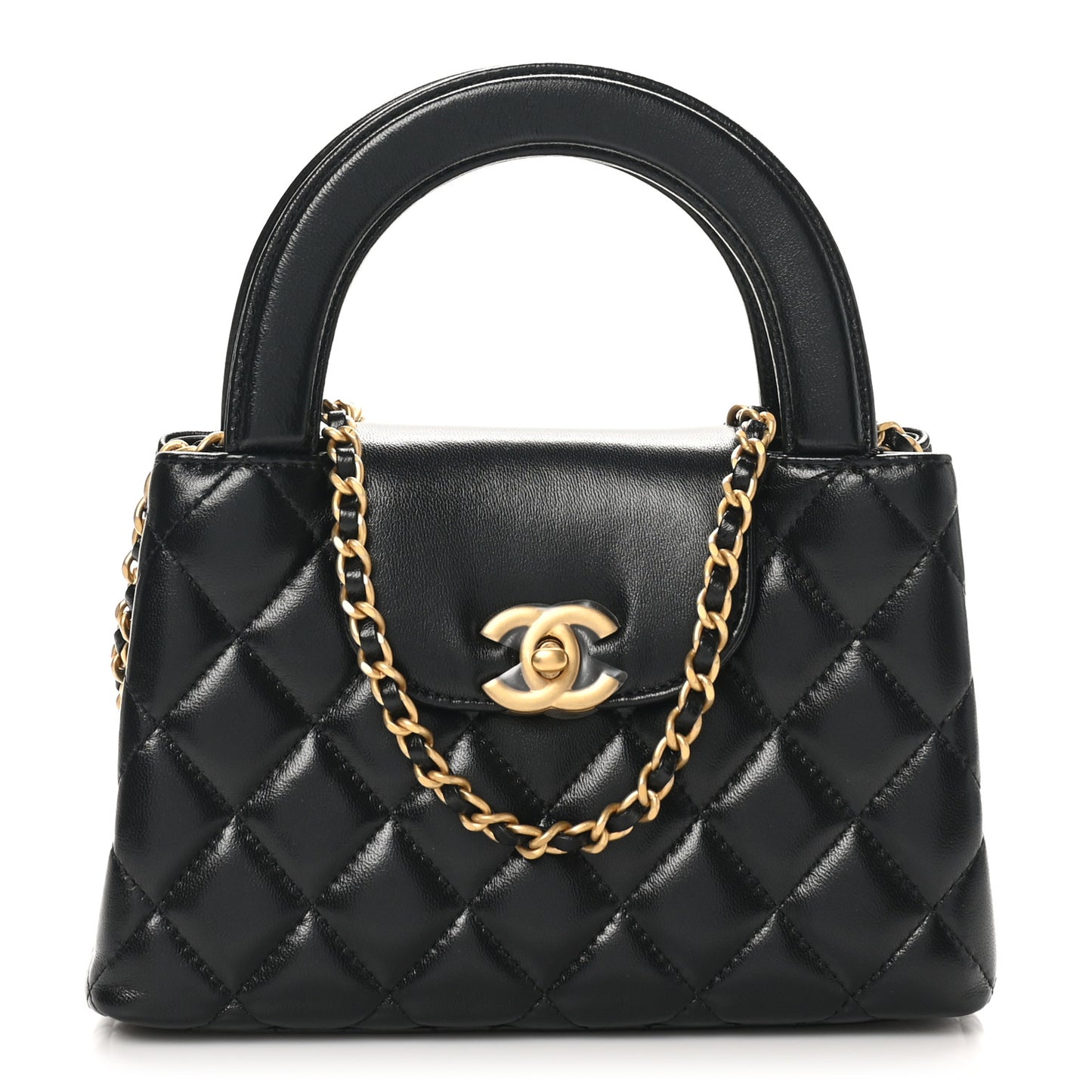 Shiny Aged Calfskin Quilted Nano Kelly Shopper Black
