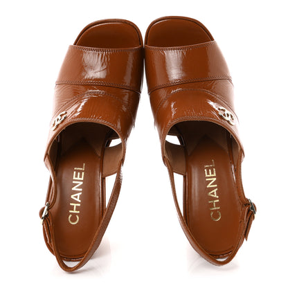 Chanel Crumpled Patent Lambskin Platform Sandals 36.5 Light Brown 2 of 10