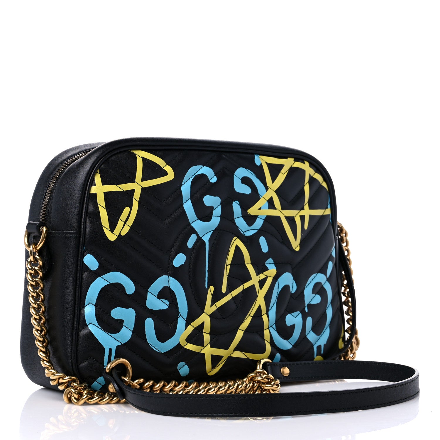 Gucci Calfskin Matelasse GucciGhost Medium GG Marmont Chain Shoulder Bag Black New Acquamarine 3 of 13