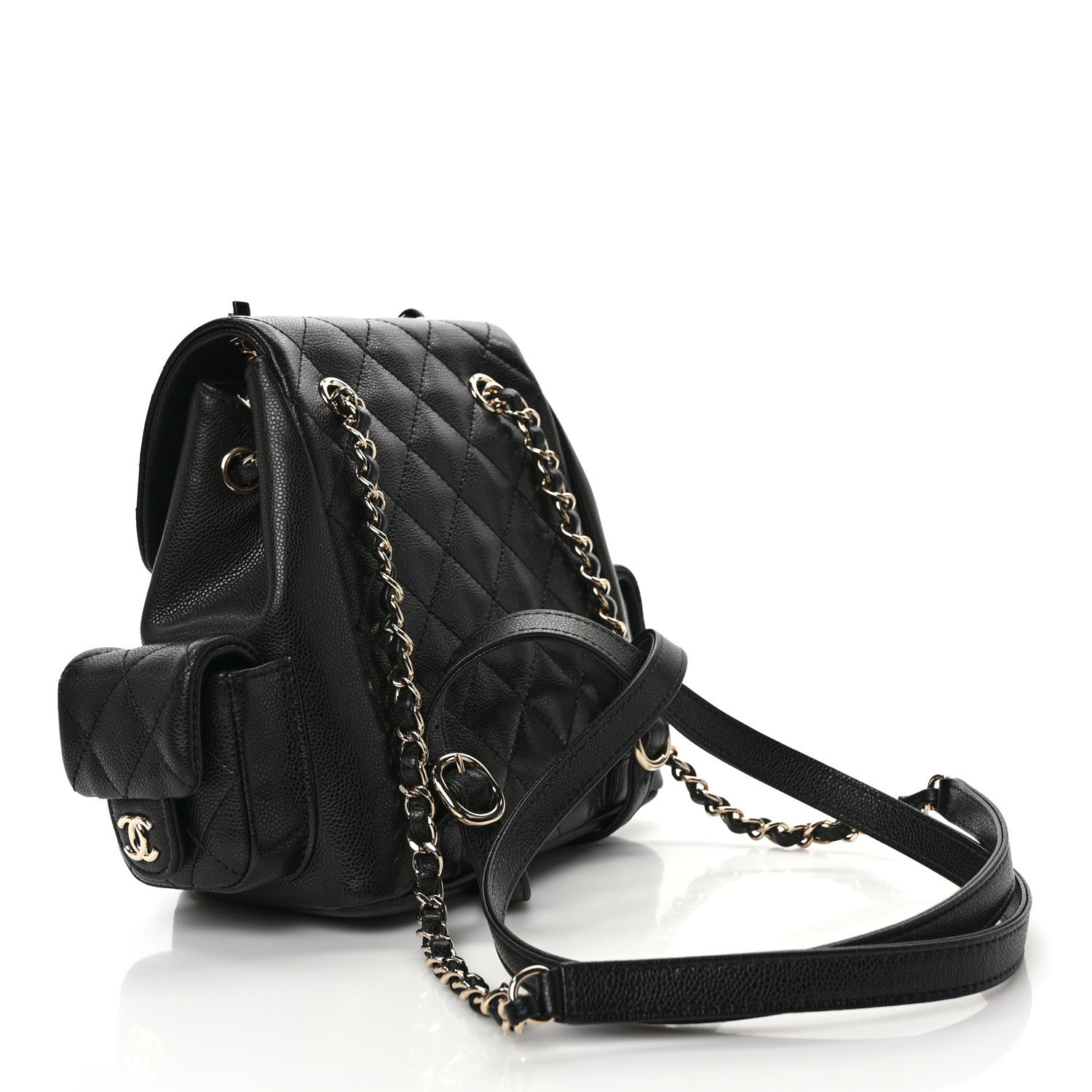 Chanel Shiny Caviar Quilted Small Pockets Drawstring Backpack Black 3 of 10