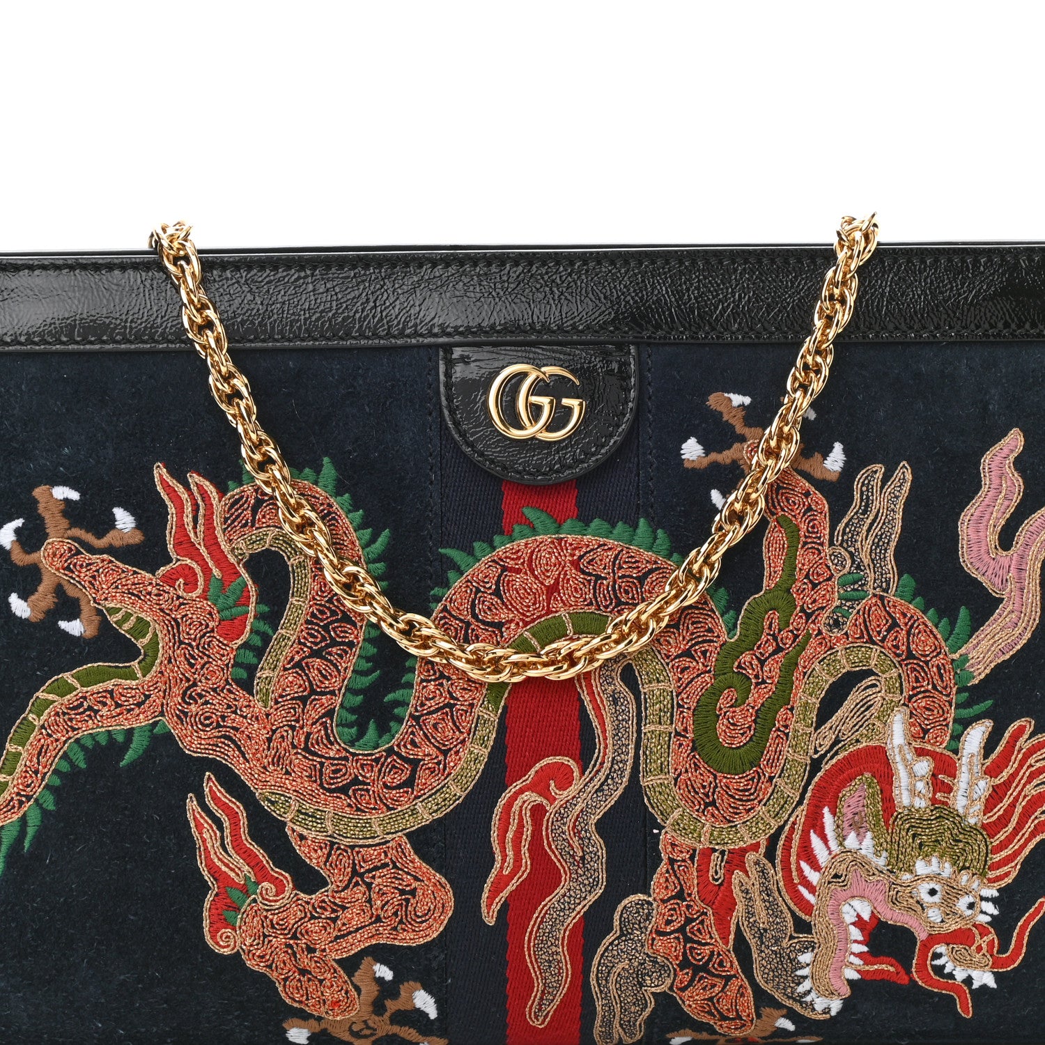Gucci Suede Patent Web Dragon Embroidered Medium Ophidia Chain Shoulder Bag Blue Multicolor Black 8 of 9