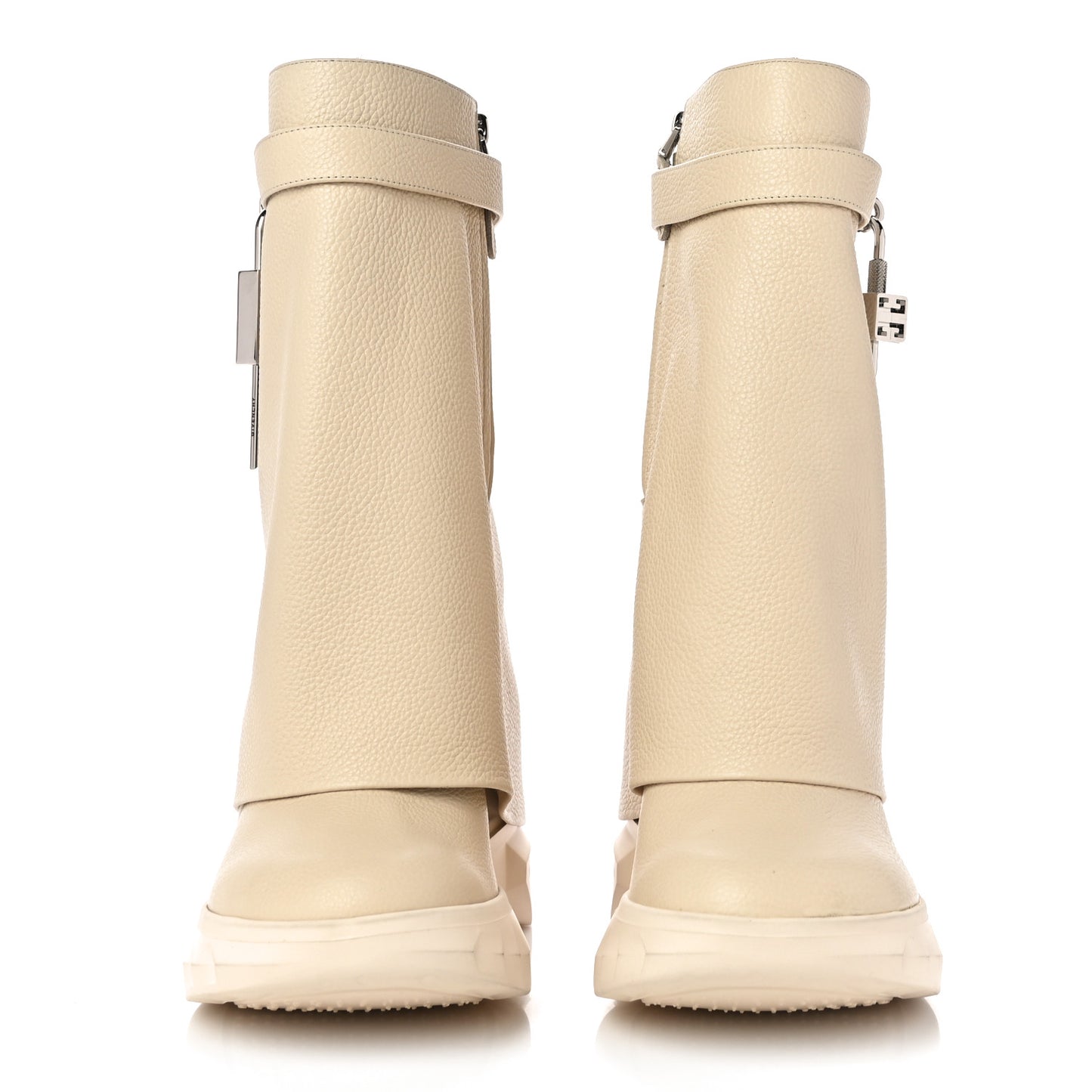 Grained Calfskin Shark Lock Biker Ankle Boots 40 Beige
