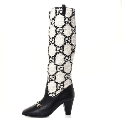 Gucci Tweed GG Monogram Wrinkled Kid Zumi Knee Boots 37.5 Natural Black 1 of 6